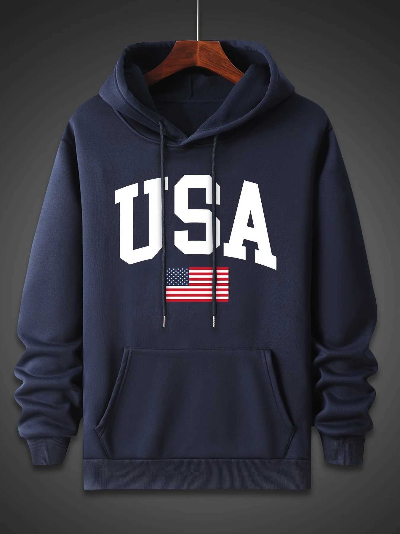 Mens autumn and winter fashionable casual loose oversized USA flag print fleece pullover hooded long sleeved sweatshirt M251124