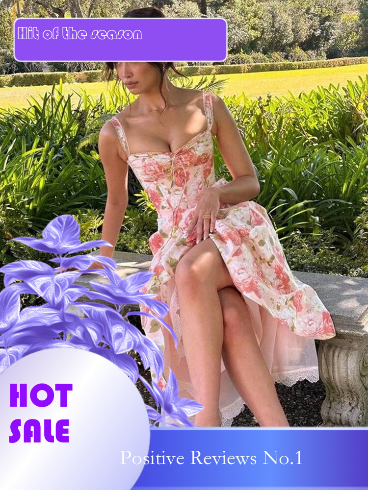 Dongdumaoyi Townlike Waist Wrap Print A Line Midi Long Dress Women Spaghetti Strap Spring Summer Backless Sexy Party Dresses