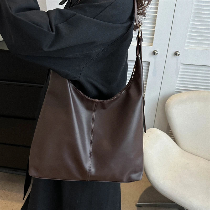 Trendy Casual Soft PU Womens Handbags Solid Color Large Capacity Female Shoulder Bag Retro Tote Bag For Commute Shopping R250424