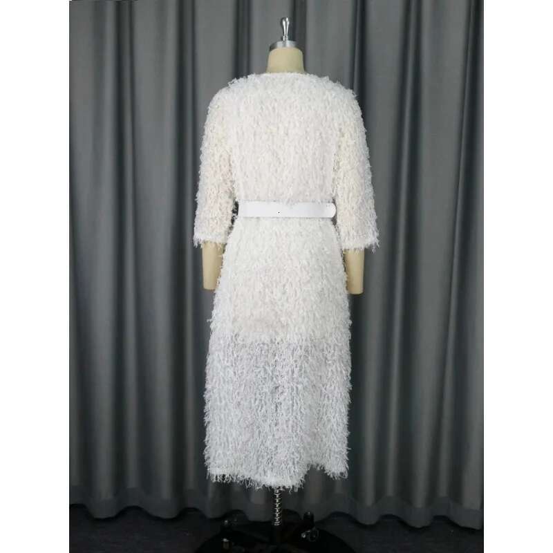 Customized Women White Fur Dresses 3/4 Sleeves Tassel Elegant Fluffy Midi Dress With Belt Fall Winter Party Club Night Go