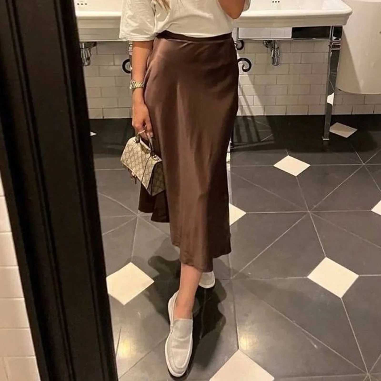 Summer Chic Office Satin Midi Skirt Womens Fashion Korean Casual High Waist Elegant Ultra Thin Long Fashion Womens Office Women M250424