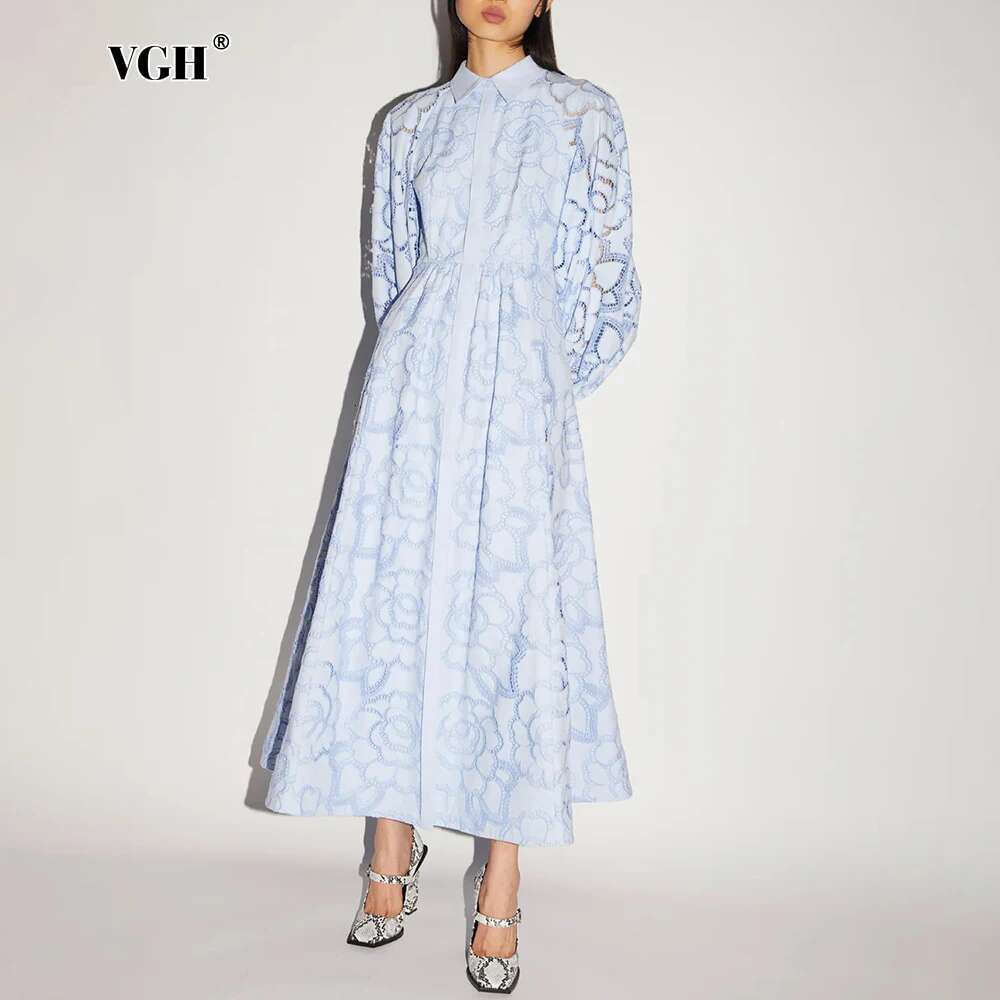 VGH Solid Hollow Out Elegant Dresses For Women Lapel Lantern Sleeve High Waist Spliced Single Breasted Minimalist Dress Female