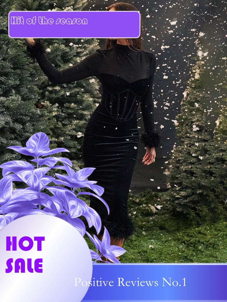 Dongdumaoyi Townlike Patchwork Mesh Velvet Christmas Dress Women Autumn Winter Elegant Midi Long Slim Bodycon Sexy Party Dresses