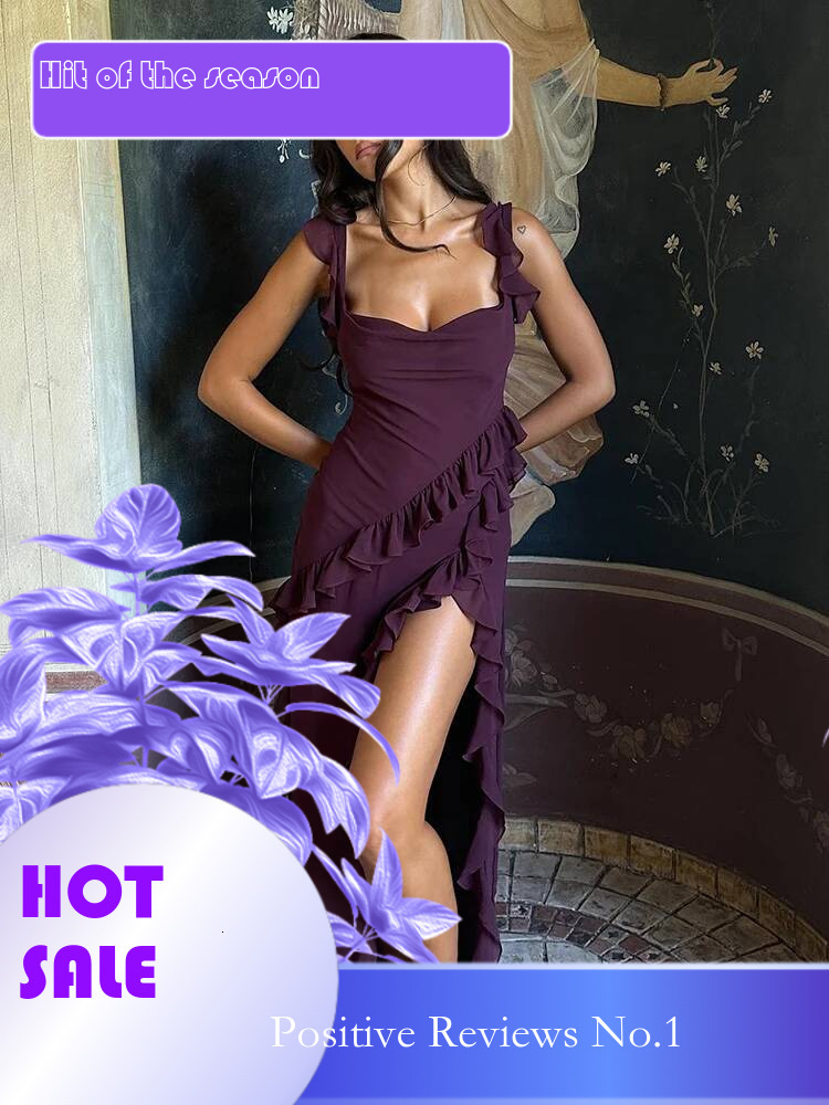 Dongdumaoyi Townlike Ruffles Elegant Long Maxi Dress Women Summer High Split Spaghetti Strap V Neck Nightclub Sexy Party Dresses