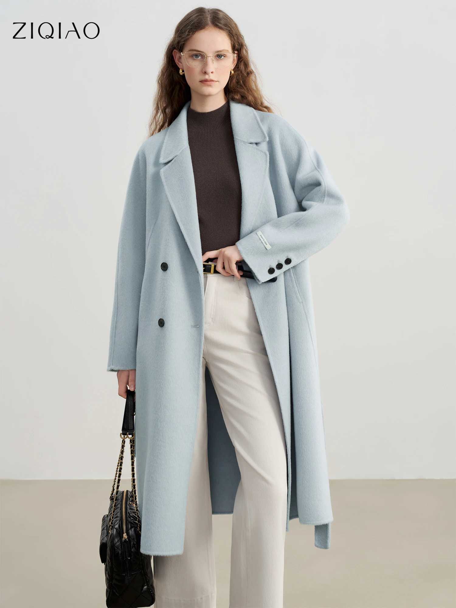 ZIQIAO 2025 Winter Womens Petite Navy Blue Double-Faced Wool Blend Coat with Raglan Sleeve Short Tweed Overcoat for Petite Size J251124