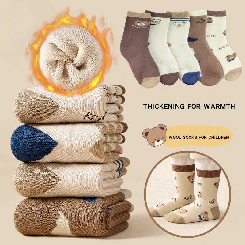 5 Pairs Winter Autumn Thicken Warm Kids Boys Half SOCKS Bear Striped Cute Cozy Soft Brushed Breathable CHIldren SOCKS G251124