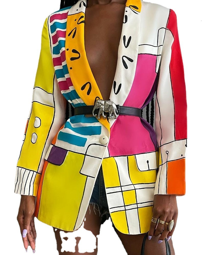 2021 autumn new fashion printed shawl collar single breasted belt suit coat women