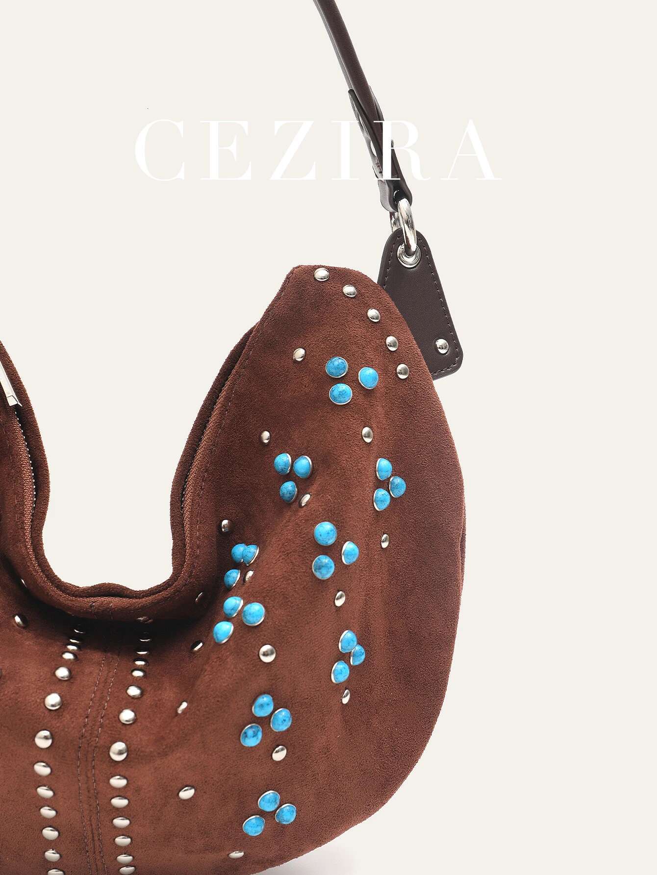 Bohemia Retro Tribal Style Women's Faux Suede Fabric PU Vegan Leather Patchwork Studded Beads Decor Half-Moon Hobo Shoulder Bag