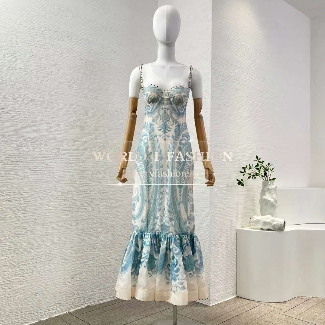 2025 New Fashion Blue Paisley Print Sleeveless Mermaid Hem Ruffles Beading Midi Dress