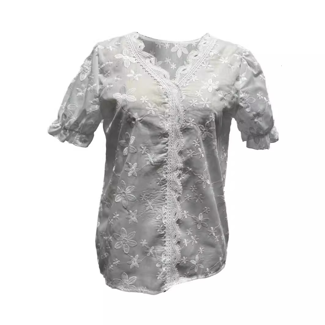 2024 Summer Casual V-neck Lace Splicing Shirt Womens Shirt