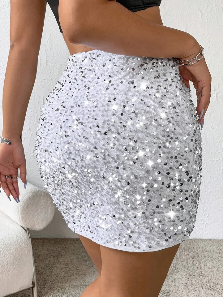 Plus size womens elegant sequin mini skirt elastic polyester opaque white perfect for all seasons 250417