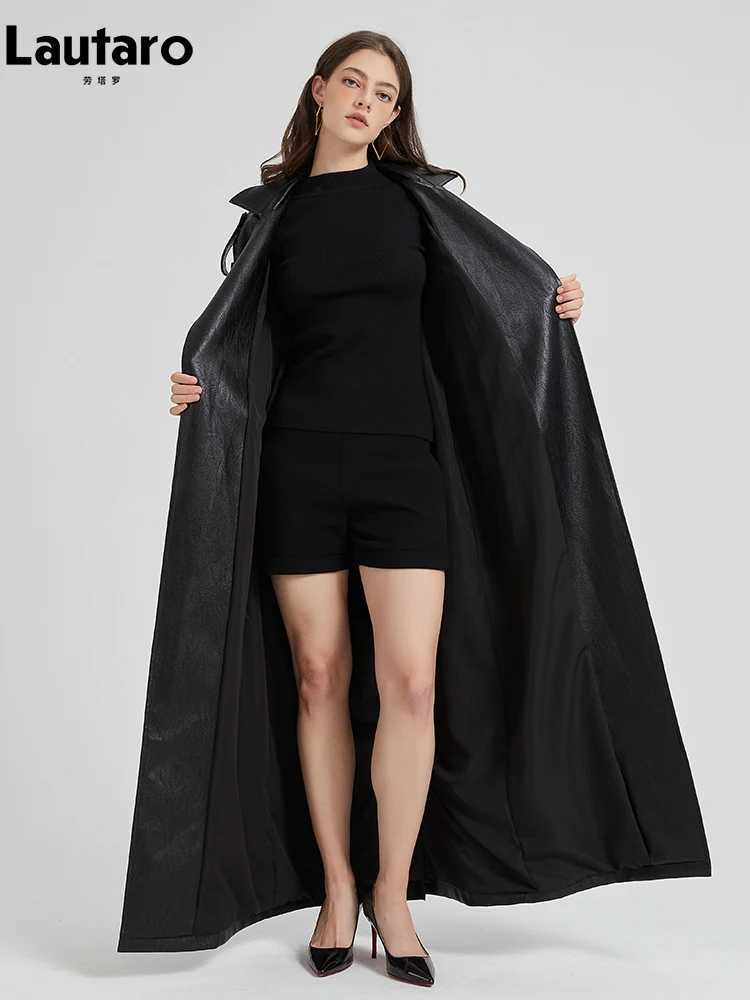 Lautaro Spring Autumn Extra Long Brown Pu Leather Trench Coat for Women Sashes Luxury Chic Overcoat Runway European Fashion 2024 J251124