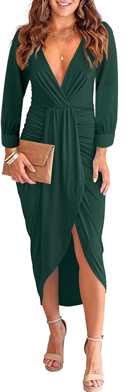 Autumn and winter 2022 solid color V-neck pleated buttock split womens dress women