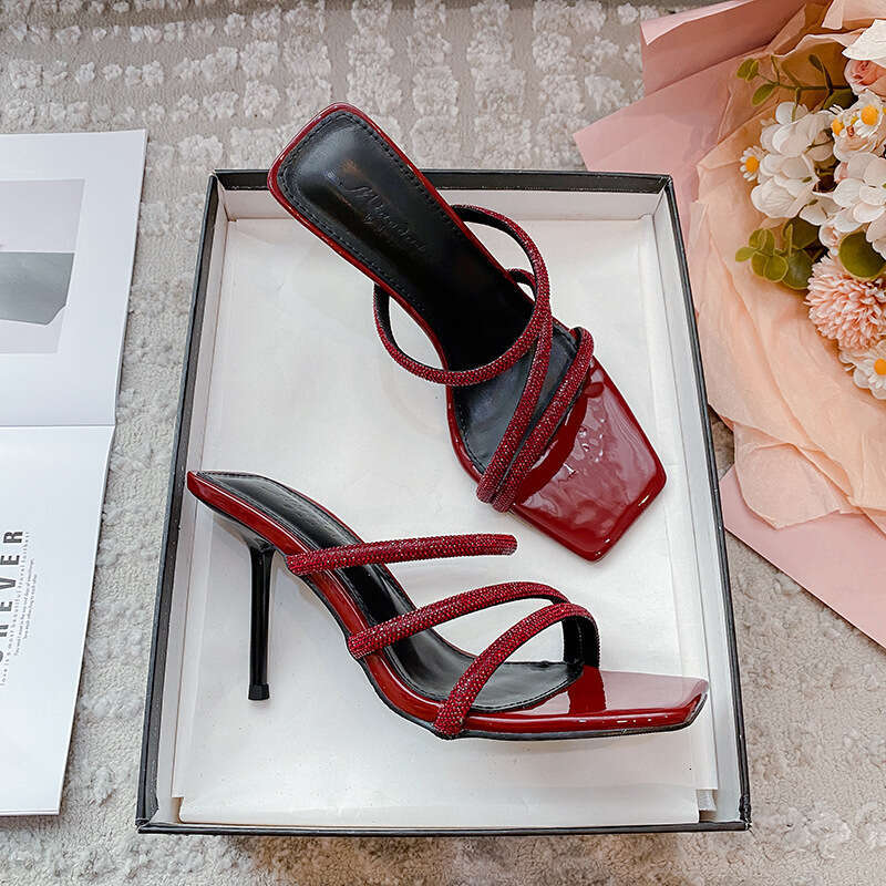 Woman Sandals Summer New Fairy Feng Shui Diamond High Women S Thin Heels Square Headed Lacquer Leather One Line Strap Beautiful Cool Slippers Women