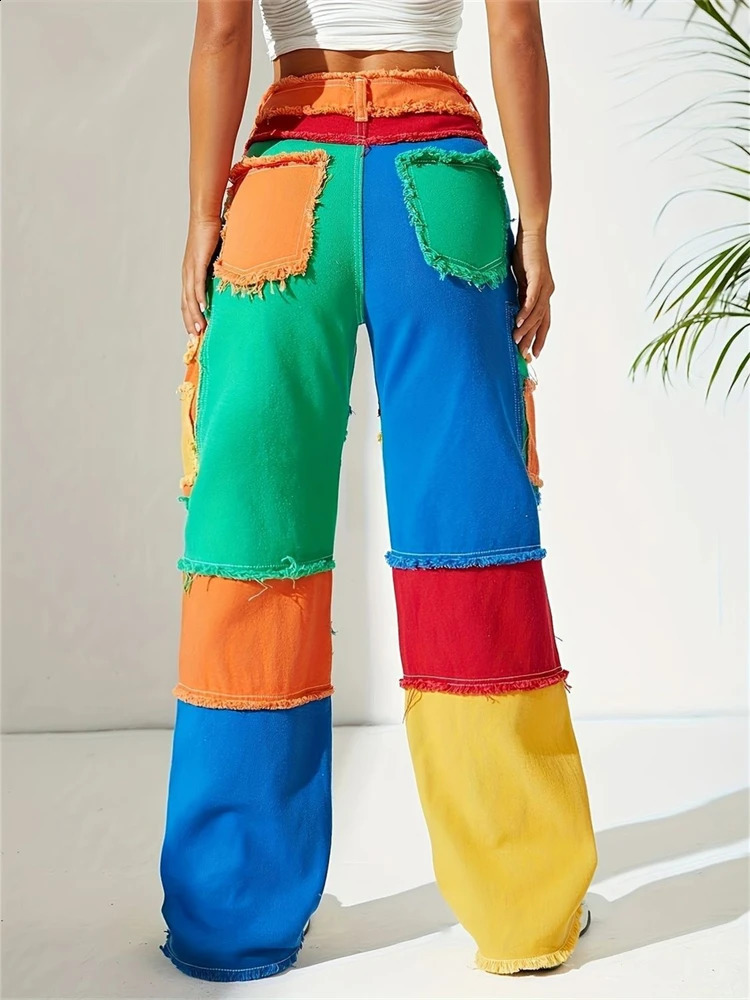 Womens multicolor stitched burr straight jeans cool girls high waisted streetwear fashionable pants denim Trouser 250417