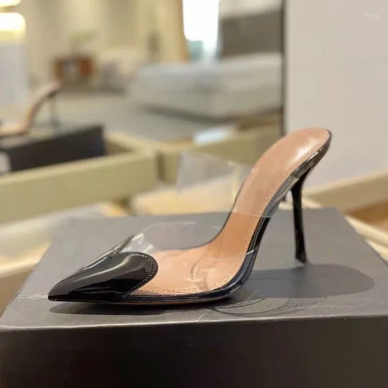 Dress Shoes Elegant Pointed Toe Transparent PVC Heart High Heels Mules Slipper Women 2025 Black White Red Luxury Designer Pumps
