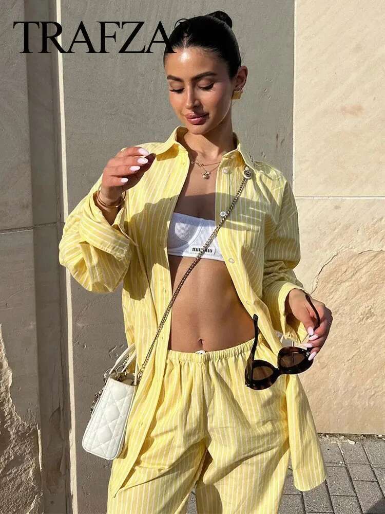TRAFZA Women Yellow Stripe Blouse Pant Suit Loose Long Sleeve Shirt Drawstring Trousers 2024 Female Fashion Streetwear Outfits