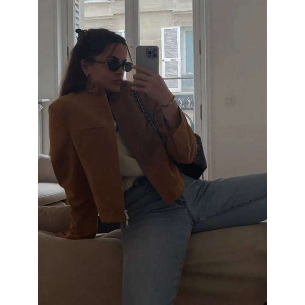 Designer Clothes Y2k Women's Short Suede Jackets Stand Collar Zipper Full Sleeve Female Coats 2025 Spring New Fashion Street Lady Retro Outwear