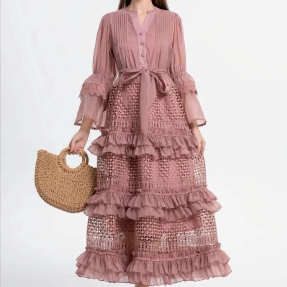 Elegant Hollow Out Lace V-Neck Vintage Flare Sleeves Chic Bandage Slim A-Line Cake Long Dresses French High Street Clothing