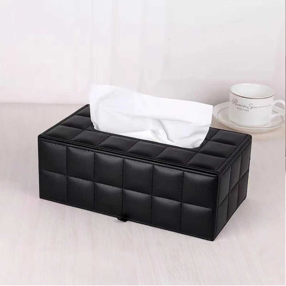 Black Leather Tissue Box Rectangular Paper Holder Car Line Grid Tissue Box Case Living Room Napkin Container Organizer HolderM251124