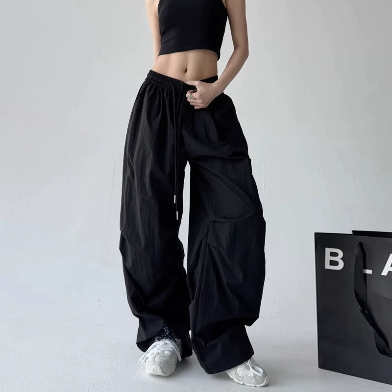 Fashion Style Retro Drawstring Pleated Paratrooper Pants Overalls Women's Loose Straight Casual Pants Trendy Trousers XXL Blue Red 4 Color Spring