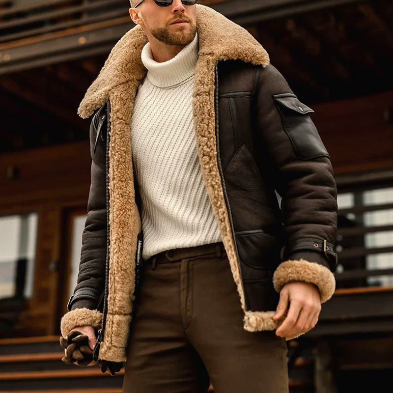 Winter Faux Leather Jackets Men Fleece Turn Down Collar Motorcycle Coat Solid Male Warm Thick Windproof Zipper Casual Outwear 251111