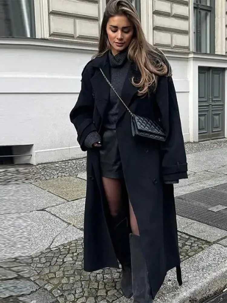 Woolen Breasted Long Coat Women Lapel Double Breasted Casual Pocket Chic Elegant Outwear Autumn Winter Street Lady Overcoat J251124