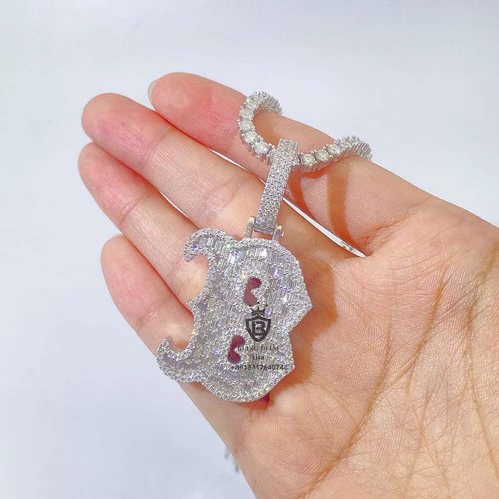 Fine Jewelry Fashion Iced Out baguette Big Letter B Hip Hop Moissanite Diamond Initial Pendant