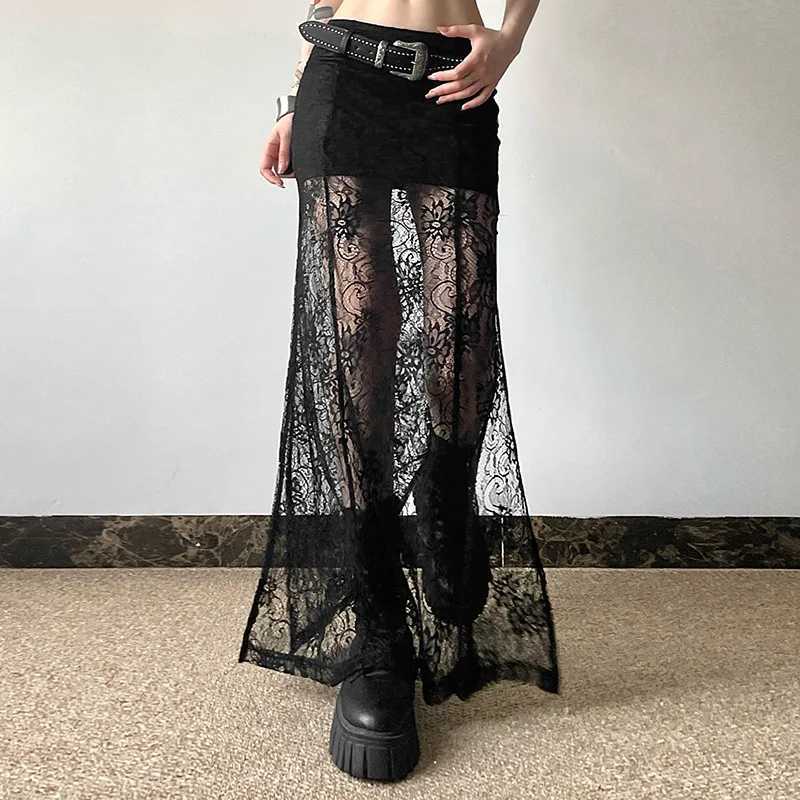 Goth Dark lace patch long shopping center Gothic Coquette high waist body Skirts sexy transparent hem split bottom elegant M250424