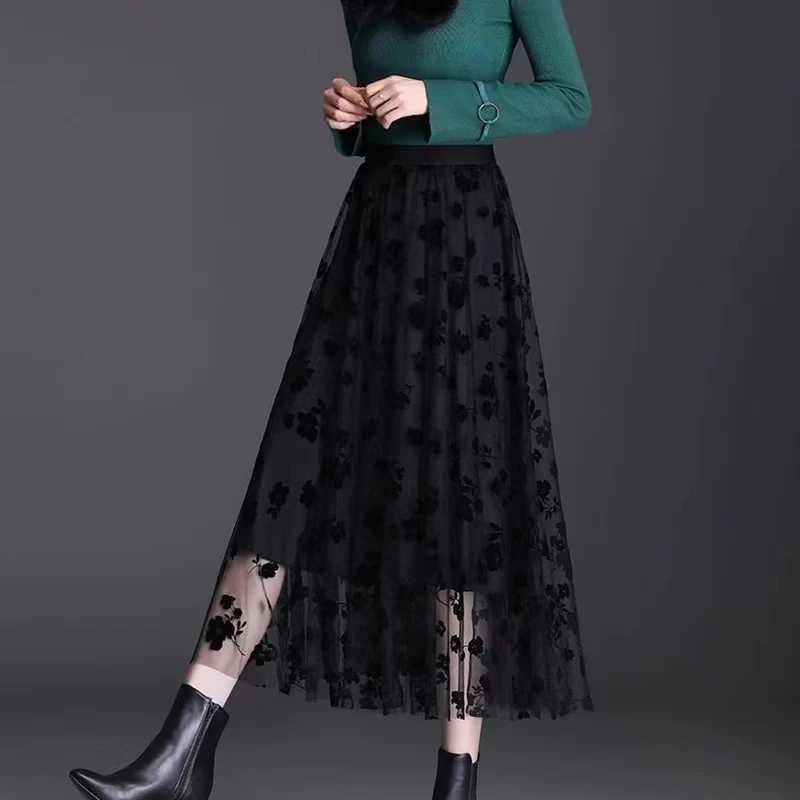 Elegant mid length full matching high waist weight loss plush flower net long high waist skiing women autumn spring high waist M250424