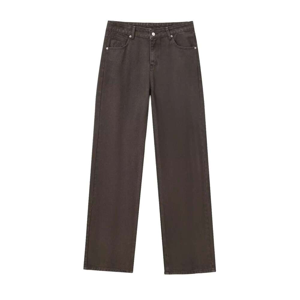 Tangada 2025 Women Coffee Long Jeans Trousers Pocket Female Denim Straight Pants 4M0144