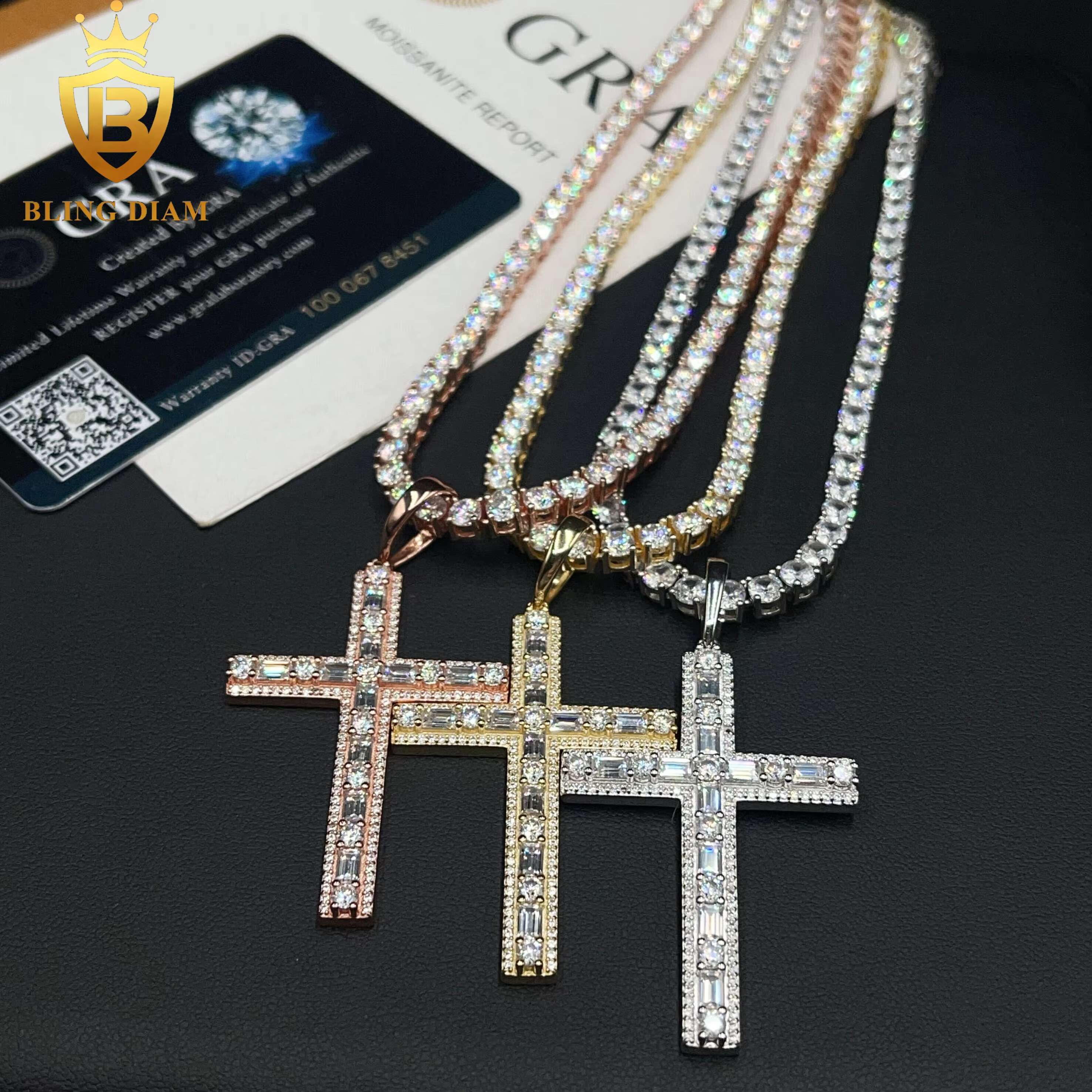New Custom Hip Hop Jewelry VVS Moissanite Diamond Iced Out 925 Silver Cross Pendant Necklace