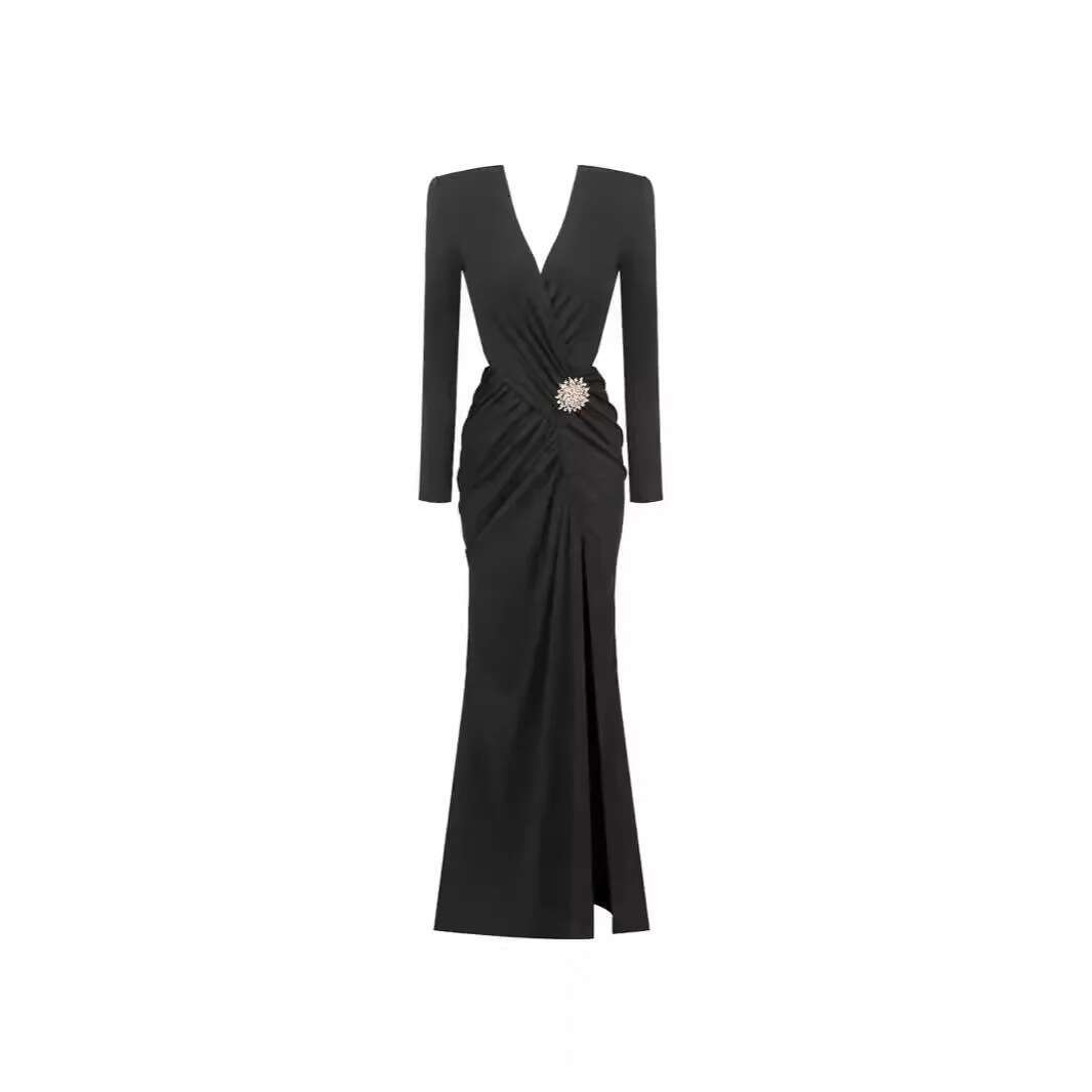 TWOTWINSTYLE Solid Fashion Spliced Fold Dresses For Women V Neck Long Sleeve Patchwork Hollow Out Dress Female Temperament Style