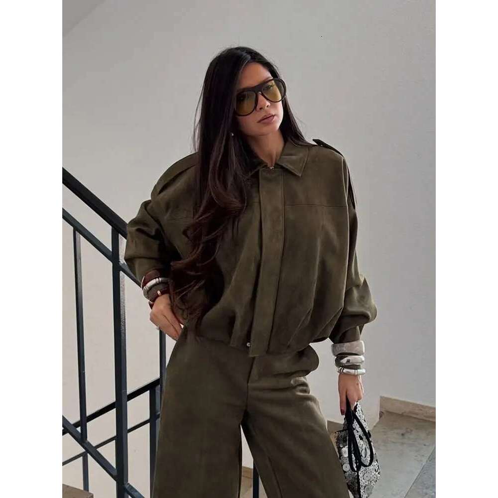 Designer Clothes TRAFZA Female New Spring Vintage Suede Texture Jackets Long Sleeves Solid Lapel Elastic Hem Zipper Fly Loose High Street Coats