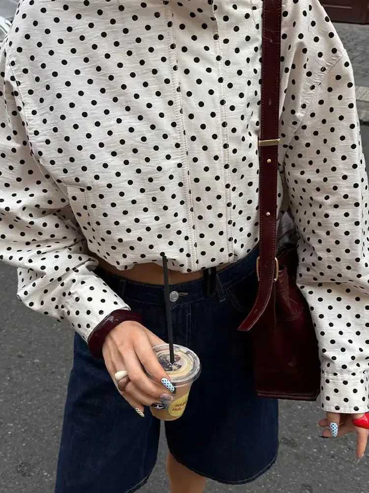 Woman Polka Dot Print Jacket Turtleneck Long Sleeves Zipper Drawstring Coats Streetwear Pockets Womens New In Outerwear J251124