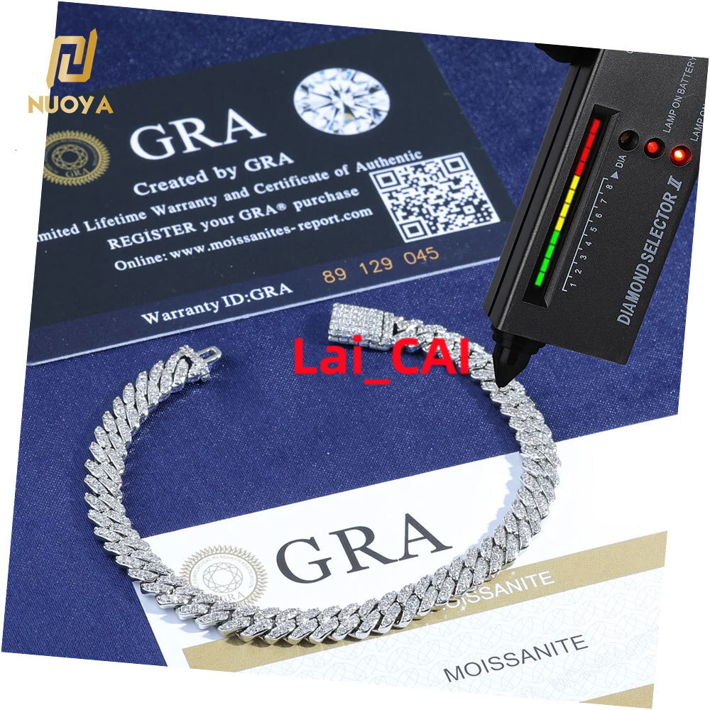 NUOYA Hip Hop Bracelet 925 Silver Iced Out Cuban Link Pass Diamond Test Custom 6mm Width 1 Row Cuban Chain Moissanite Bracelet