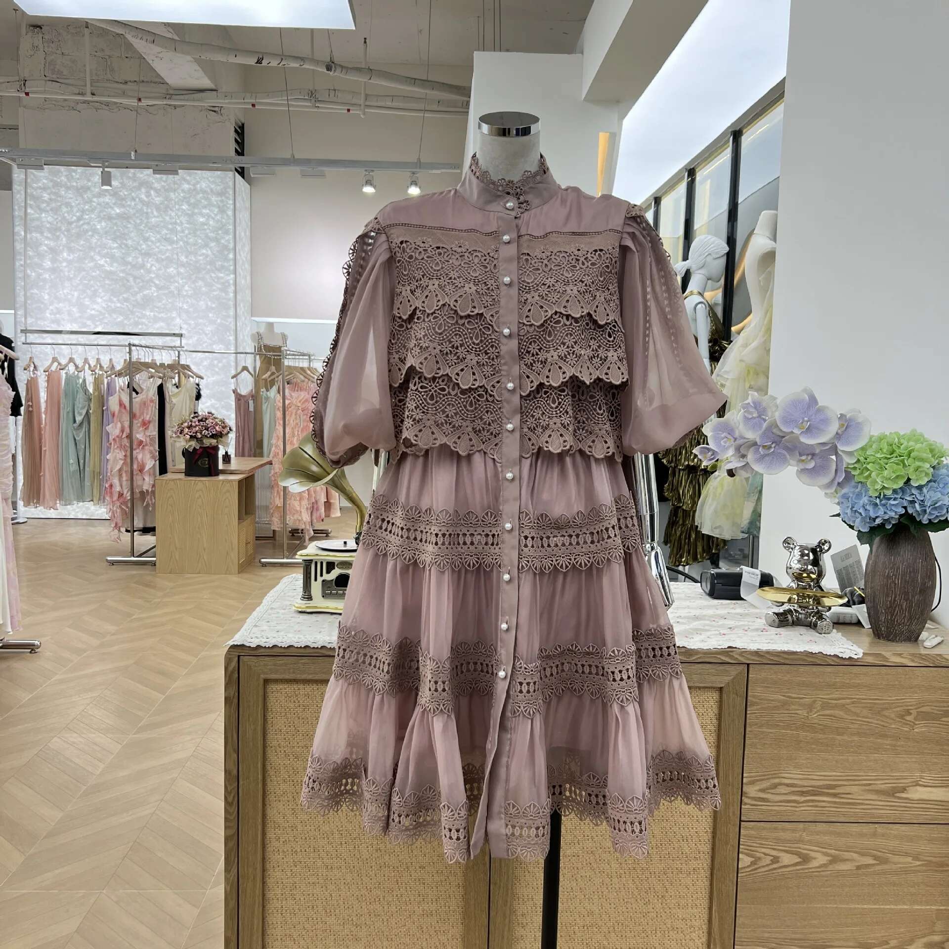Organza Hollow Out Short Dress Women's Fashion 2025 Spring Summer Pearls Loose Evening Party Ruffles Dresses Quality