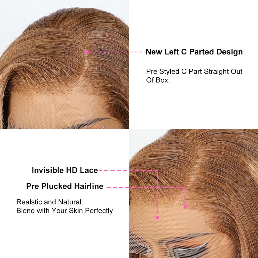13x4 Bob Wig Highlight Blonde Lace Front Brazilian Human Hair For Black Women Pre Plucked Short Wigs Natural Straight Hair HD Frontal Closure Wig Shor