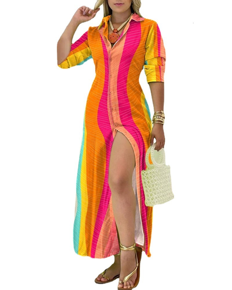 2023 summer long sleeved V-neck simple button down shirt dress for women