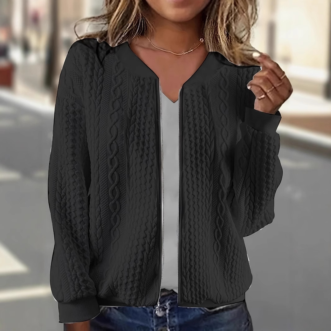 2024 autumn and winter new comfortable loose jacquard stand up collar zipper long sleeved sweatshirt jacket womens clothing