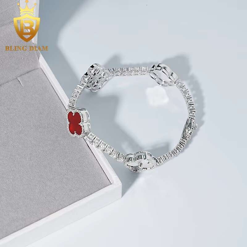 3mm Fashion Fine Jewelry Red Agate Four Leaf Clover Iced Out Moissanite Tennis Chian Bracelet