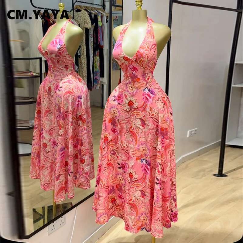 Cm.Yaya Women Paisley Printed Halter Neck Backless Sleeveless Fit And Flare Long Maxi Dress 2025 Chic Birthday Vestidos Dresses