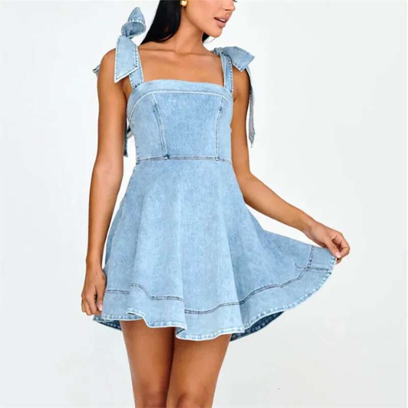 2024 Fashion Lace-Up Shoulder Straps Denim Dresses Summer Casual Backless Dress Female High Waist Suspenders Pleated Short Gown