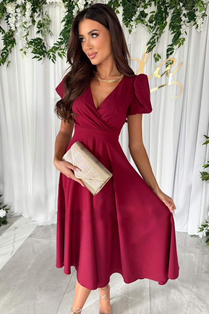 2024 new commuting solid color V-neck waist cinched bubble sleeves big swing dress for womens wear