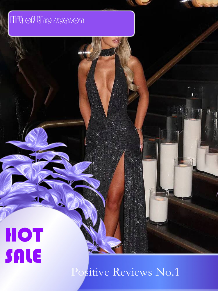 Dongdumaoyi Townlike Sparkle Glitter Sexy Party Dress Women Halter Spring Summer High Split Deep V Neck Pleated Maxi Long Dresses