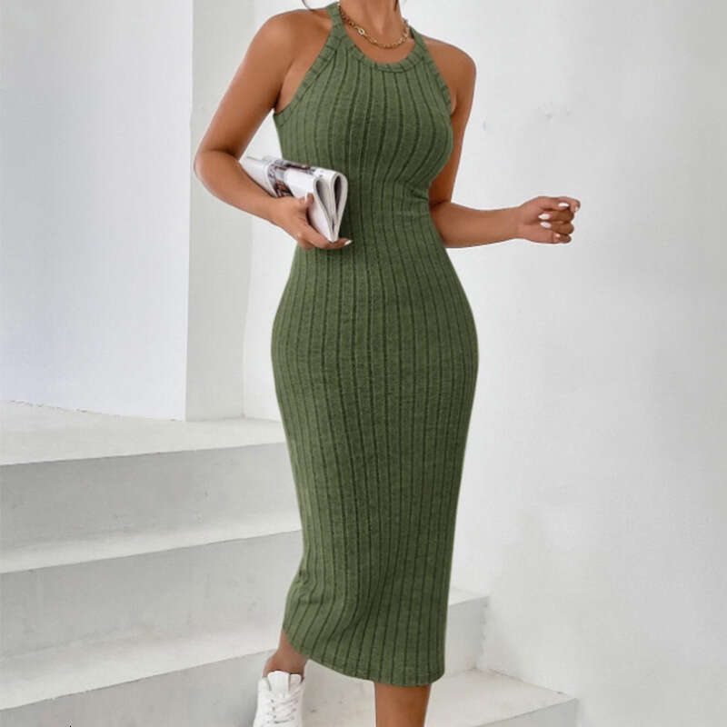 2025 New Women's Round Neck Solid Color Dress Versatile Non Fork Waist Knitted Shirt Backless