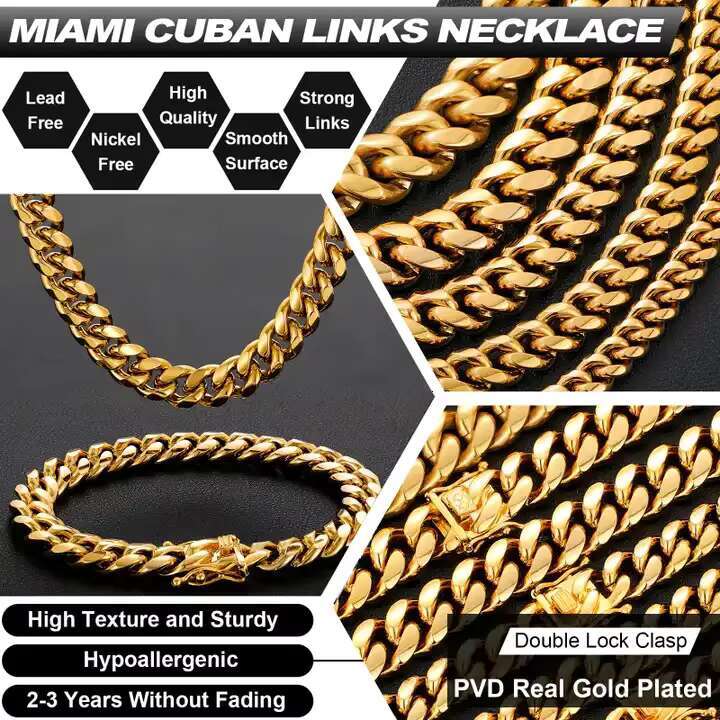 Fashion Jewelry Hip Hop Stainless Steel Jewelry Cuban Curb Link Miami Chain 14k 18k Gold Plated Bracelet Necklace for Men