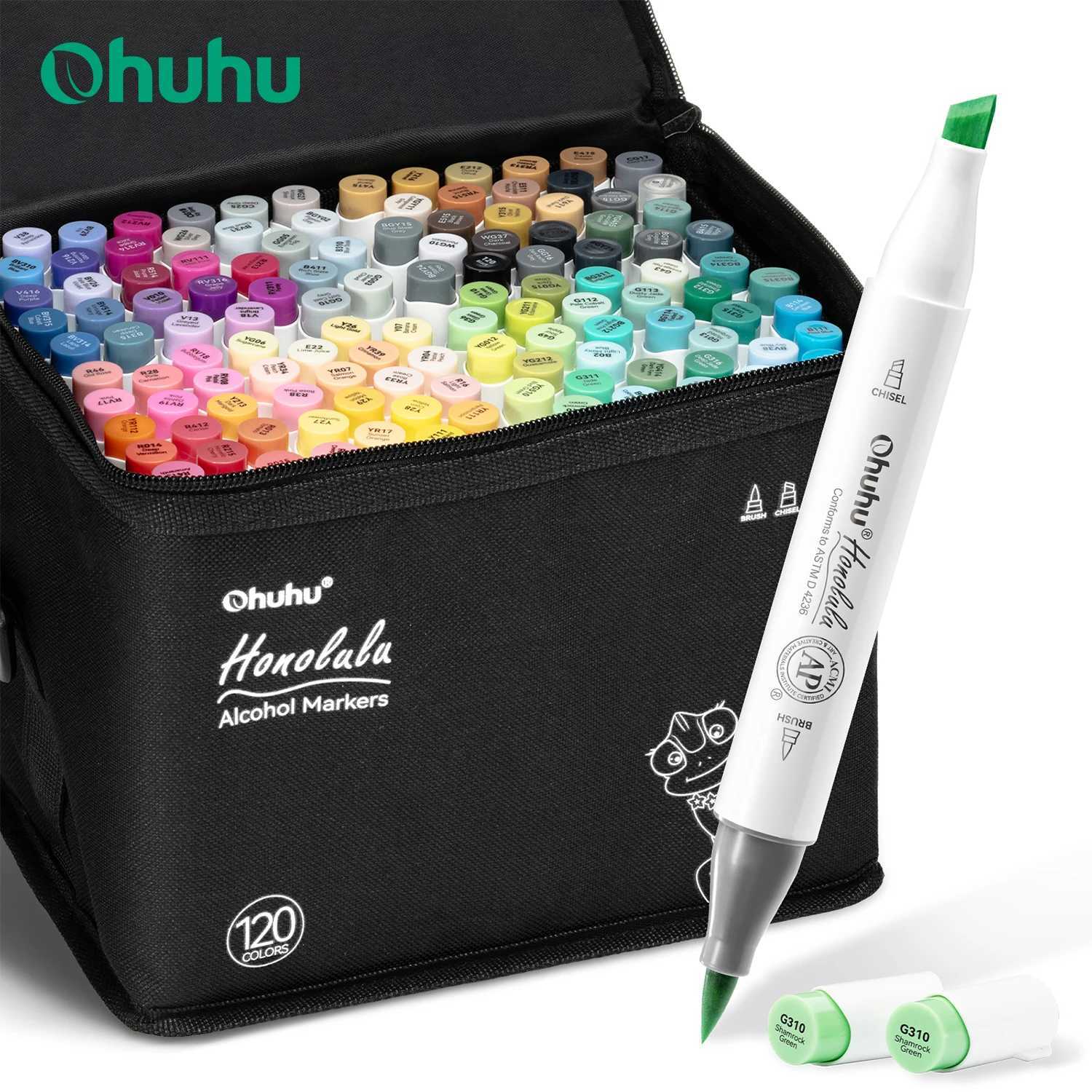 Ohuhu Honolulu 120 Colors Marker Pen Set Alcohol Art Markers Refillable Dual Tips Sketching Drawing Manga School Art Supplies G251124
