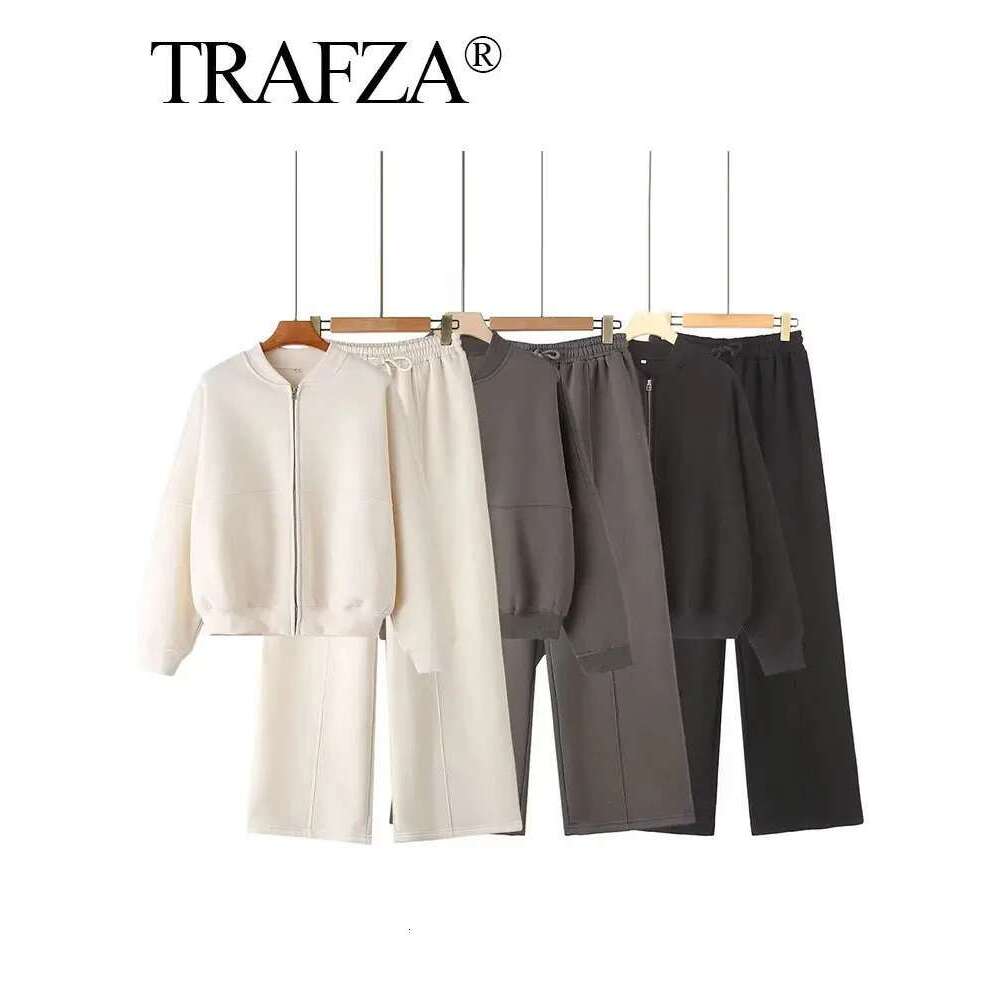 Designer Clothes TRAFZA Autumn Women's Thick Hoodie Coat + Drawstring High Waist Loose Casual Pants Set Lined Fleece Woman's Clothing Street