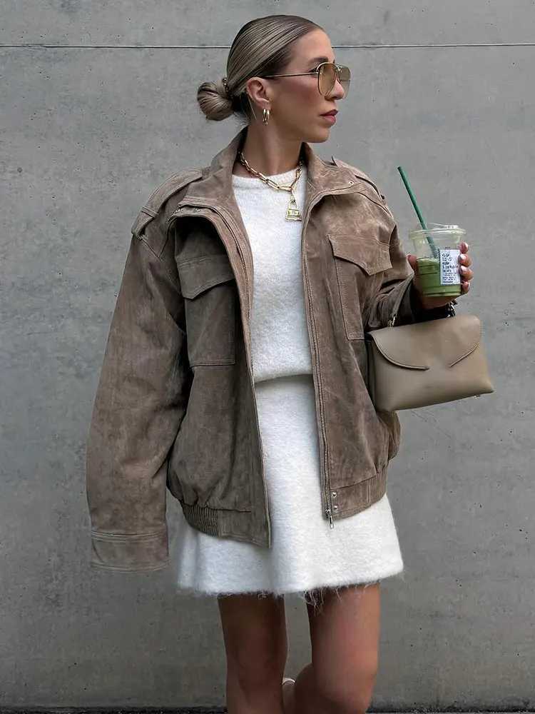 HH Women Casual Solid Jackets Turtleneck Long Sleeve Zipper Loose Coats With Pocket Autumn Casual Office Lady Outwear J251124